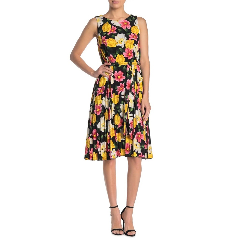 NEW TAHARI Pleated Floral Tie-waist Midi Dress S